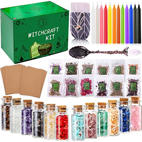 MULEVIP Suministros de Brujería 50 Pcs Kit de Brujería,Velas Hechizos Velas,Mini Piedras Naturales,Hierbas Secas y Velas Mágicas de Colores,Suministros de Oración,Hechizos,Magia,Brujería