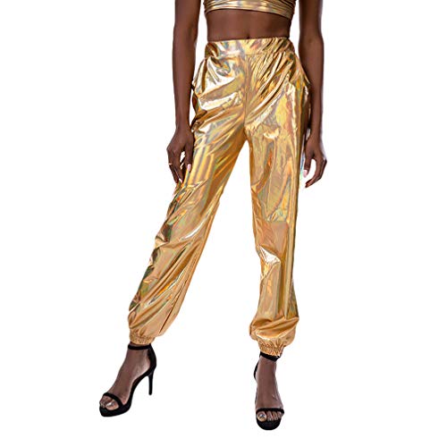 Mxssi Pantalones Metálicos Brillantes Mujer Streetwear Hip Hop Dance Night Club Pantalones Holográficos Harén Wetlook