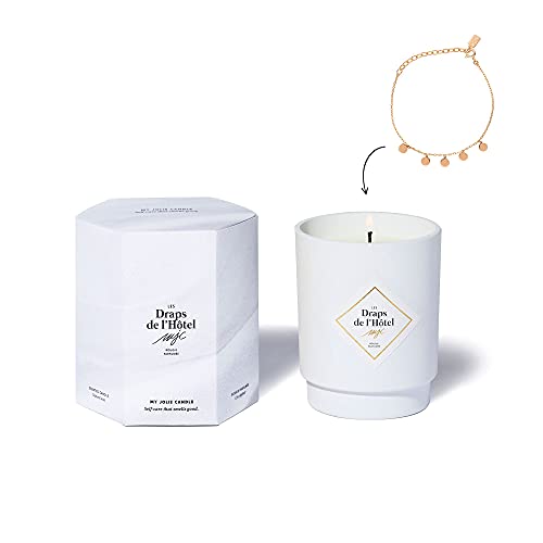 MY JOLIE CANDLE | Vela Perfumada Algodón Blanco (Las Sábanas del Hotel) con joya en su interior | Pulsera Dorada | 50h de combustión | Cera vegetal 100% natural | 250g