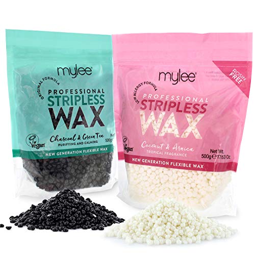 Mylee Professional Perlas de Cera Depilatoria 500g, Bolitas de Cera Depilatoria para Usar Sin Bandas, Cera Depilatoria Sin Dolor para Cuerpo, Cara e Ingles (Coco y Árnica + Carbón y Té Verde)