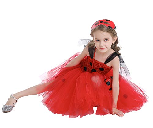 MYRISAM Disfraz de Ladybug para Niña Halloween Dress Up Cosplay Vestido Tutú de Mariquita + Máscara de ojos + Yo-Yo Bolsa Niños 3Pcs Trajes de Partido Carnaval Cumpleaños Navidad 3-4 años