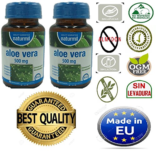 NATURMIL Aloe Vera 500 mg limpieza de colon, pack de (2 X 90) 180 comprimidos, para desintoxicar el organismo, para consumo diario, contra el estreñimiento limpiando los intestinos, efecto DETOX