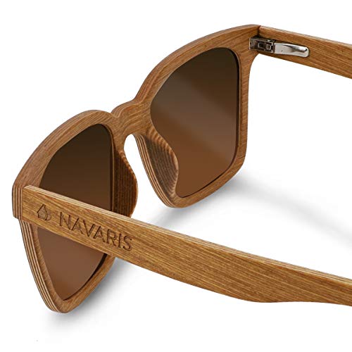 Navaris Gafas de sol de madera filtro UV - Marco de madera multicapa - Lentes polarizadas - Estuche de corcho - Gafas de sol retro unisex - Marrón