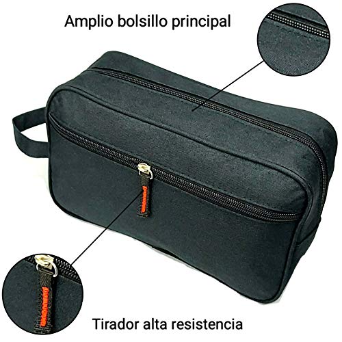 Neceser Bolsa de Aseo Hombre Diseño Premium Exclusivo Liso Tela Impermeable para Hombre Impermeable (Negro Puro)