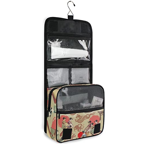 Neceser Vintage Asiático Japón Geisha Dragón Cosmético Bolsa de Maquillaje para Mujeres Hombres Niñas Viajando con Gancho Colgante Accesorios Portátil Organizador