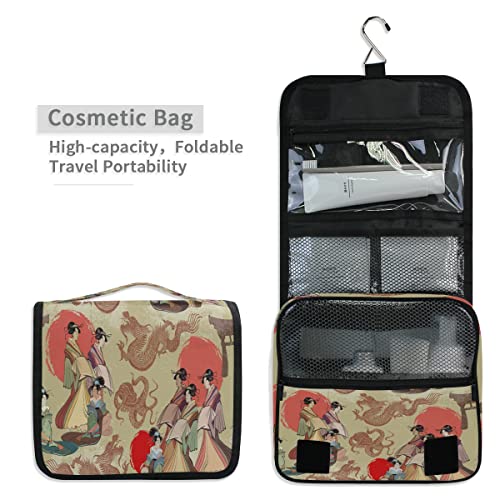 Neceser Vintage Asiático Japón Geisha Dragón Cosmético Bolsa de Maquillaje para Mujeres Hombres Niñas Viajando con Gancho Colgante Accesorios Portátil Organizador