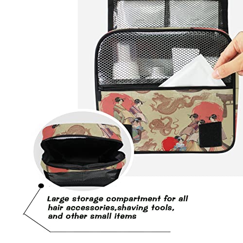 Neceser Vintage Asiático Japón Geisha Dragón Cosmético Bolsa de Maquillaje para Mujeres Hombres Niñas Viajando con Gancho Colgante Accesorios Portátil Organizador