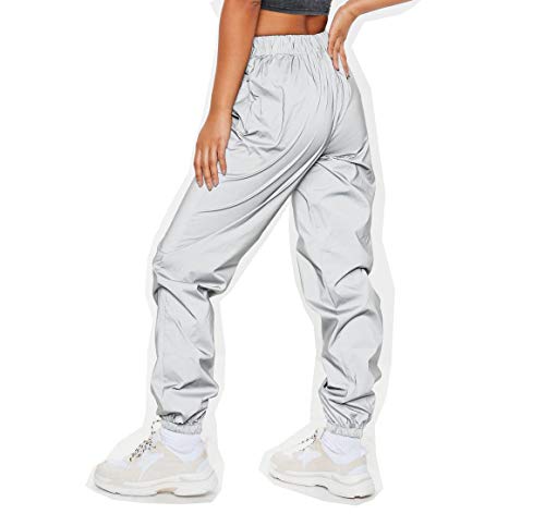 NewL Pantalones Reflectantes para Mujer Marca Casual Harajuku Night Sporting Jogger Pantalones Gris (S)