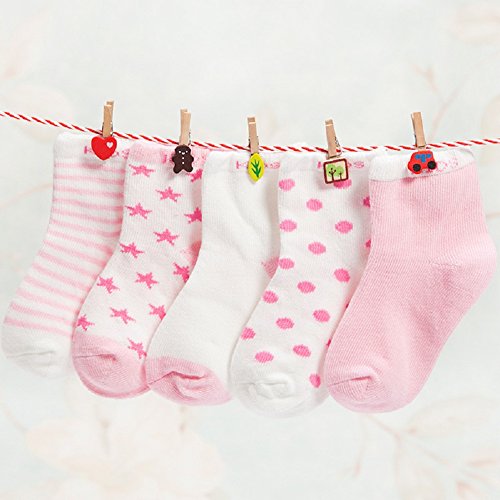 Niños Niñas Calcetines de Algodón Cómodo Suave Elasticity Absorber el Sudor primavera verano otoño Color Rosa 0-1 año ( Pack de 5 Pares)