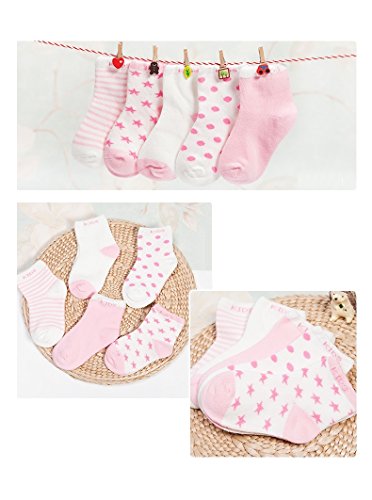 Niños Niñas Calcetines de Algodón Cómodo Suave Elasticity Absorber el Sudor primavera verano otoño Color Rosa 0-1 año ( Pack de 5 Pares)