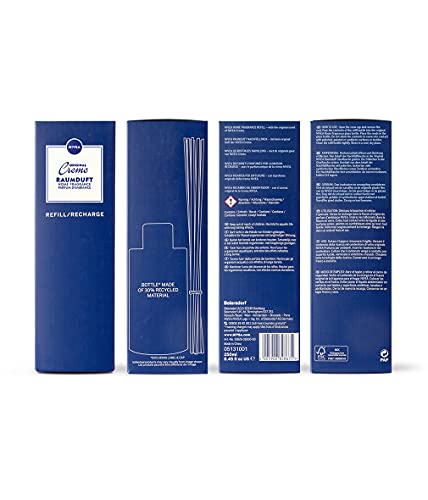 NIVEA Creme - Recambio para ambientador con aroma a crema, suficiente para aproximadamente 2,5 recargas Creme Original, recipiente de cristal con 12 varillas de madera, 250 ml