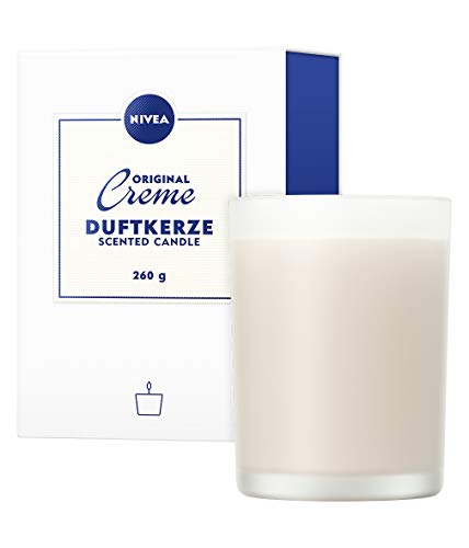 NIVEA Original Creme Vela aromática, bonita vela perfumada con el conocido aroma de NIVEA Creme, vela blanca con una delicada fragancia en vaso de vidrio opalino, 260 g