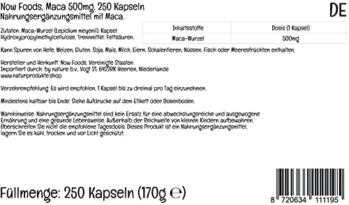 Now Foods, Maca, 500 mg, 250 Cápsulas veganas, Probado en Laboratorio, Vegetal, Sin Gluten, Sin Soja, Vegetariano