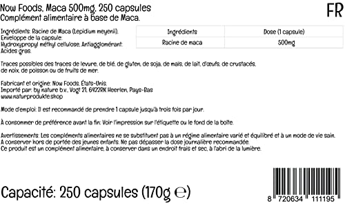 Now Foods, Maca, 500 mg, 250 Cápsulas veganas, Probado en Laboratorio, Vegetal, Sin Gluten, Sin Soja, Vegetariano