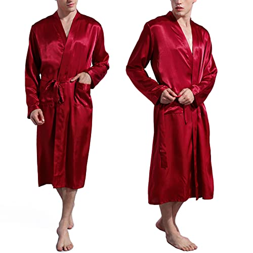 Nuofengkudu Hombre Saten Albornoz Manga Larga con Bolsillo Soft Kimono Japones Batas Peluqueria Color Sólido Pijamas Premama Batas de Casa Novia Boda Sleepwear (Rojo,L)