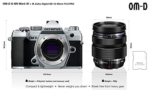 Olympus OM-D E-M5 Mark III Kit, Cámara de Sistema Micro 4/3 (20 MP, Estabilizador de Imagen de 5 Ejes, Potente Autofoco, 4K Vídeo, WLAN), plateado + Objetivo M.Zuiko PRO de 12-40mm