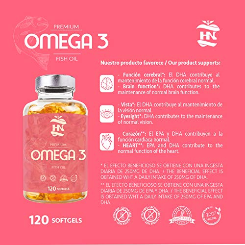 Omega 3 capsulas 1000mg - Fuente Ácidos Grasos de Aceite de Pescado – 400 mg DHA, 800 mg EPA y vitamina E – Para mantener el sistema cardiovascular y arterial saludable – 120 softgel (1 Bote)