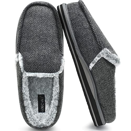 ONCAI Zapatillas de Casa para Hombre Ortopédicas Comodidad de Invierno Felpa Pantuflas Raya Soporte de Arco Suela Antideslizantes de Espuma de Memoria Zapatos Negro Talla 47