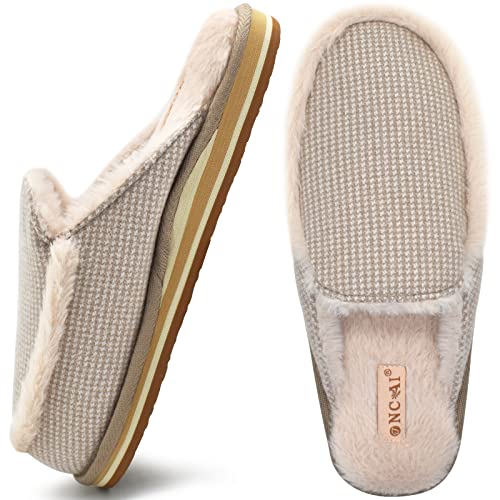 ONCAI Zapatillas de Estar por Casa Mujer Ortopédicas Pantuflas Invierno Cómodas Raya Algodón CáLido Memory Foam Slippers Soporte de Arco Beige EU 38