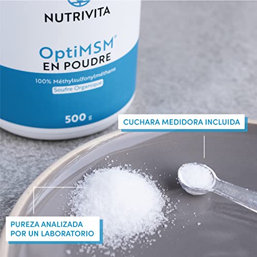 OptiMSM en Polvo 500 g | Alta Dosis de Azufre Orgánico | MSM 99,9% Puro y Sin Aditivos | Antiinflamatorio Muscular | Cuchara Dosificadora Incluida | Envasado en Francia | Nutrivita