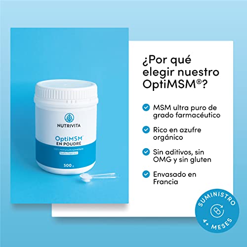 OptiMSM en Polvo 500 g | Alta Dosis de Azufre Orgánico | MSM 99,9% Puro y Sin Aditivos | Antiinflamatorio Muscular | Cuchara Dosificadora Incluida | Envasado en Francia | Nutrivita