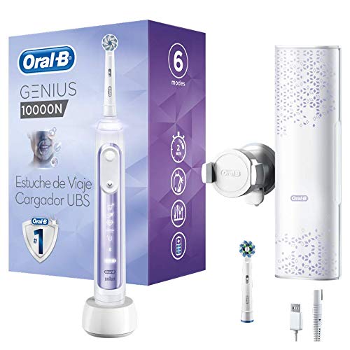 Oral-B Genius Cepillo de Dientes Eléctrico con Mango Recargable, Tecnología Braun, 2 Cabezales de Recambio, 6 Modos de Limpieza y Funda de Viaje, 10000N - Azul