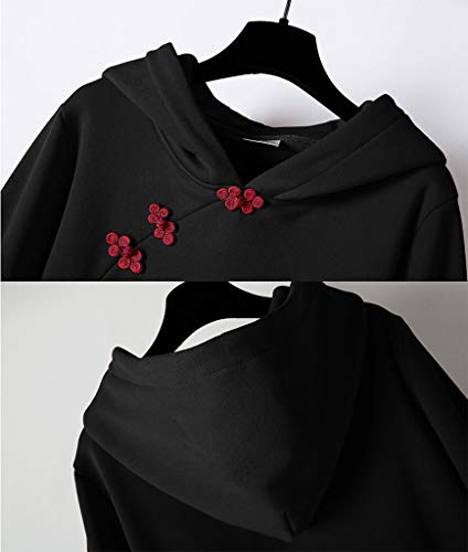 ORANDESIGNE Sudadera Larga con Capucha Mujer Bordado Manga Larga Bolsillo Empalme Vestido con Capucha Vestido de Estilo Chino Hoodie Primavera Otoño Invierno B Negro XXL