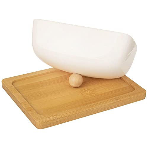 ORION GROUP Mantequera de porcelana con tapa, 16 x 13 x 8,5 cm, porcelana blanca y madera de bambú, recipiente de mantequilla ecológico, decoración perfecta para mesa y cocina