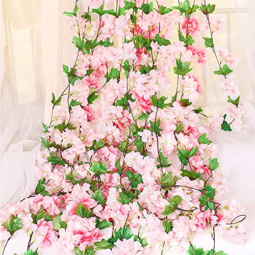 Ousuga Flor de cerezo artificial, paquete de 4 guirnaldas de flores de cerezo de seda para colgar enredadera de flores rosadas para decoración de la pared del jardín de la boda del hogar