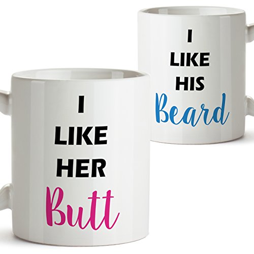 PACK 2 TAZAS - I like his beard I like her butt - Enamorados, compañeros de piso o de trabajo - San Valentín y también para amigos - (en inglés) - 350 ml - Cerámica Desayuno