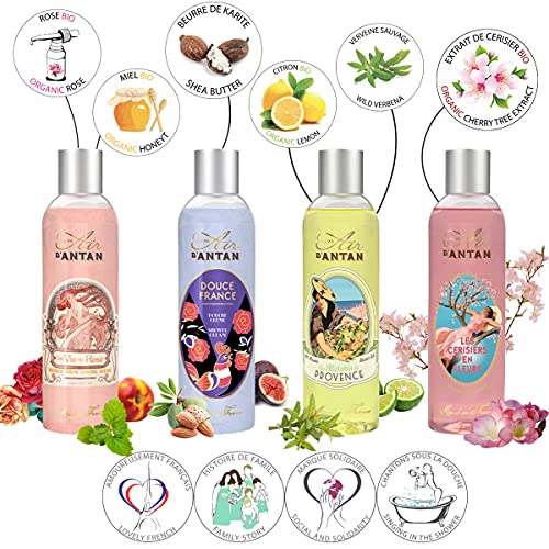 Pack x4 Gel de Ducha Frances Un Air d'Antan/ 4 Perfumes Originales: Verbena, Petalos de Rosa, Flor de Cerezo, Almendras/ Formula Hidratante/ Navidad Regalo Mujer/ Set 4x250ml/ Piel sensible