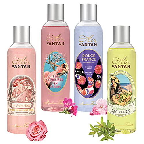 Pack x4 Gel de Ducha Frances Un Air d'Antan/ 4 Perfumes Originales: Verbena, Petalos de Rosa, Flor de Cerezo, Almendras/ Formula Hidratante/ Navidad Regalo Mujer/ Set 4x250ml/ Piel sensible