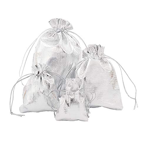 PandaHall 60 bolsas de regalo de plata de 4 tamaños, rectangulares de organza, bolsa de regalo con cordón para joyas, bodas, fiestas, cumpleaños, Navidad, dulces