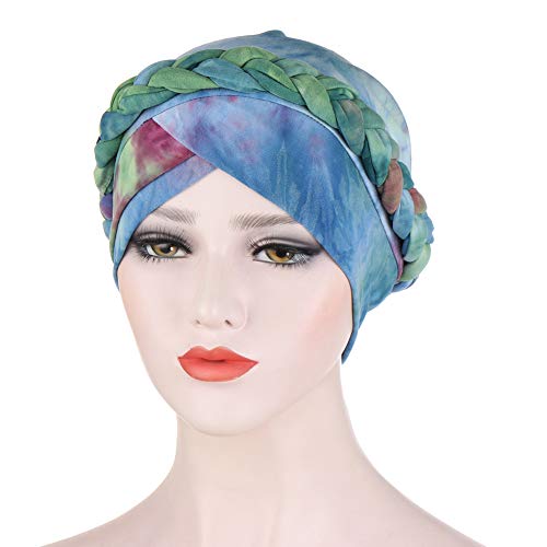 Pañuelo para la cabeza para mujer, musulmán, elástico, turbante, para verano, elegante, bandana, india, para quimioterapia, cáncer, quimioterapia, maquillaje, azul y verde