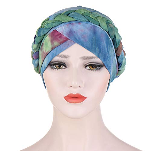 Pañuelo para la cabeza para mujer, musulmán, elástico, turbante, para verano, elegante, bandana, india, para quimioterapia, cáncer, quimioterapia, maquillaje, azul y verde