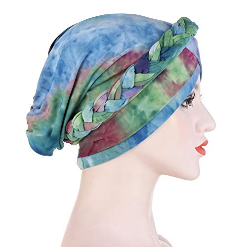 Pañuelo para la cabeza para mujer, musulmán, elástico, turbante, para verano, elegante, bandana, india, para quimioterapia, cáncer, quimioterapia, maquillaje, azul y verde