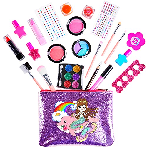 Paochocky Maquillaje Niñas Set 23 pcs, Juego de Maquillaje Lavable Sombra de Ojos Lápiz Labial Esmalte de uñas con Bolsa de cosméticos con Purpurina, Princesa Regalo para Niñas en Fiesta Cumpleaños