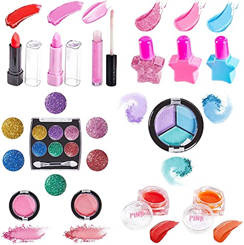 Paochocky Maquillaje Niñas Set 23 pcs, Juego de Maquillaje Lavable Sombra de Ojos Lápiz Labial Esmalte de uñas con Bolsa de cosméticos con Purpurina, Princesa Regalo para Niñas en Fiesta Cumpleaños