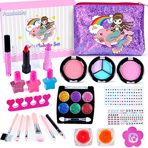 Paochocky Maquillaje Niñas Set 23 pcs, Juego de Maquillaje Lavable Sombra de Ojos Lápiz Labial Esmalte de uñas con Bolsa de cosméticos con Purpurina, Princesa Regalo para Niñas en Fiesta Cumpleaños