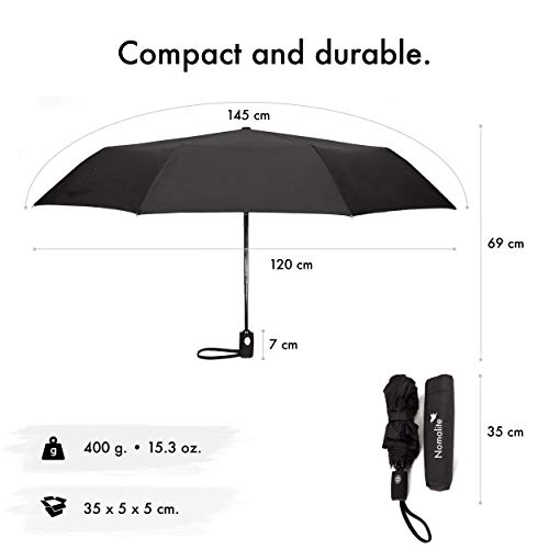 Paraguas Grande automático antiviento de Nomalite | Paraguas Plegable Negro para Hombre y Mujer en Teflón, XXL/Golf y Fuerte con Mecanismo de Abertura “una Mano” y Costilla Fibra de Vidrio.