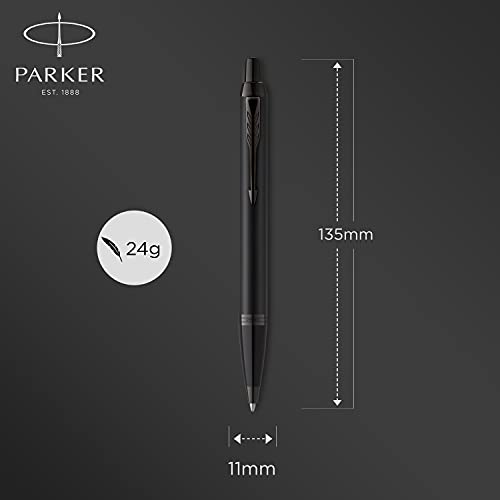 Parker IM bolígrafo | Negro mate con adornos negros | Punta mediana con recambio de tinta azul | Estuche de regalo