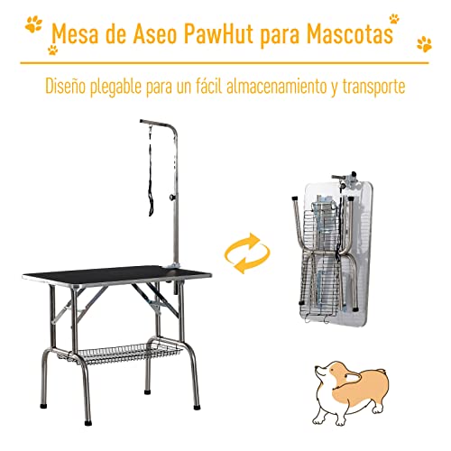 Pawhut, Mesa de Peluquería para Mascotas Acero Aluminio Placa Antiarañazos Caucho 90x60x75 cm