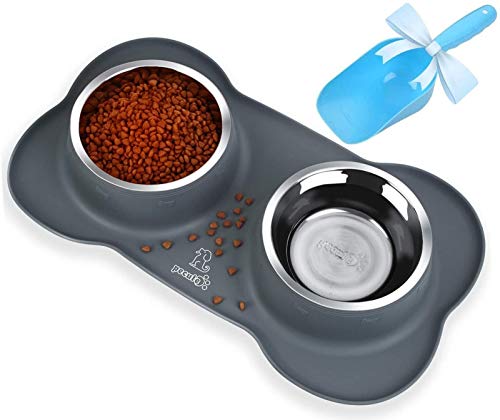 Pecute Comedero para Gatos Perros Mascotas de Acero Inoxidable 12oz/800ml con Pala de Comida, Base de Silicona Antideslizante