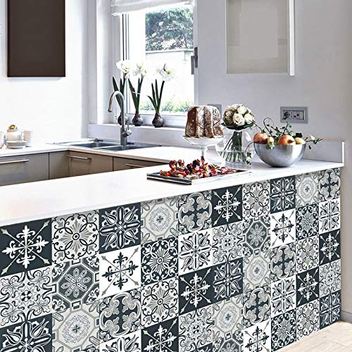 Pegatinas para Azulejos, Impermeable Autoadhesivo Marroquí Azulejos Retro Estilo Victoriano Mosaico Transferencias Azulejos Pegatinas Bricolaje para Cocina Baño Hogar Decoración (20 x 20 cm,A-20PCS)