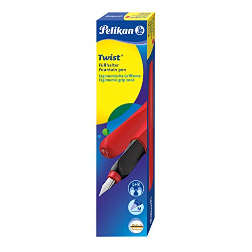 Pelikan 814799 - Pluma estilográfica Twist cartucho de tinta azul incluido, mango ergonómico, para usuarios diestros y zurdos, uso escolar, punta de acero M, Rojo