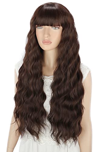 Pelucas Marrón oscuro larga mujer con flequillo pelo natural largo ondulada, YEESHEDO peluca de pelo largo suelto y rizada, wavy dark brown wig para mujeres y niñas 28"