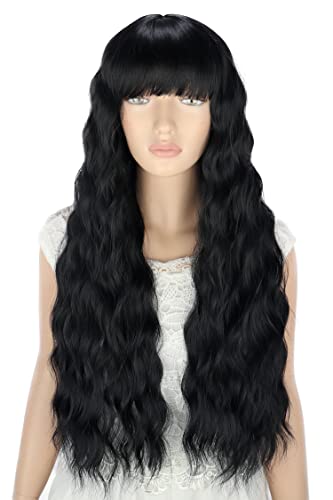 Pelucas negra larga mujer con flequillo pelo natural largo ondulada, YEESHEDO peluca de pelo negro largo suelto y rizada, wavy black wig para mujeres y niñas 28"