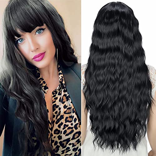 Pelucas negra larga mujer con flequillo pelo natural largo ondulada, YEESHEDO peluca de pelo negro largo suelto y rizada, wavy black wig para mujeres y niñas 28"