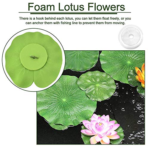 PERFETSELL 8 Pcs Hoja Flor de Loto Hojas de Nenúfar Hojas Acuaticas Flotantes Hojas Flotantes en Agua Hojas Flotantes,4 Tamaños + 2 x Nenufares Artificiales Flotantes + Un Rollo de Sedal de Pesca 100m