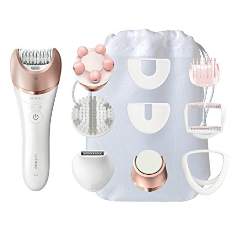 Philips Satinelle Prestige BRE652/00 - Depiladora para mujer, inalámbrica, 9 accesorios, lima electrónica para pies, color rosa y blanco